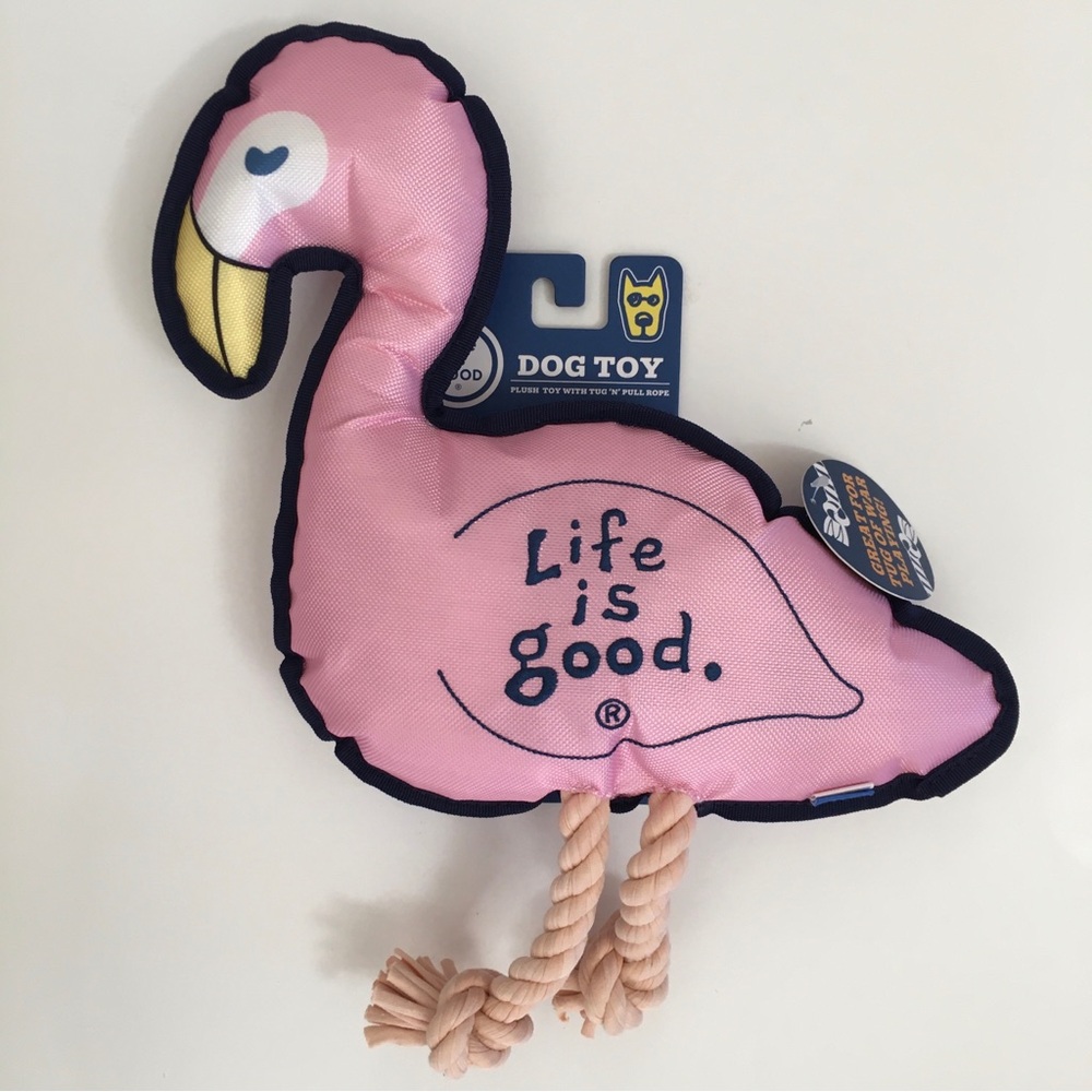 NEW Dog Toy Life is Good Pink Flamingo with Tug and Play Rope